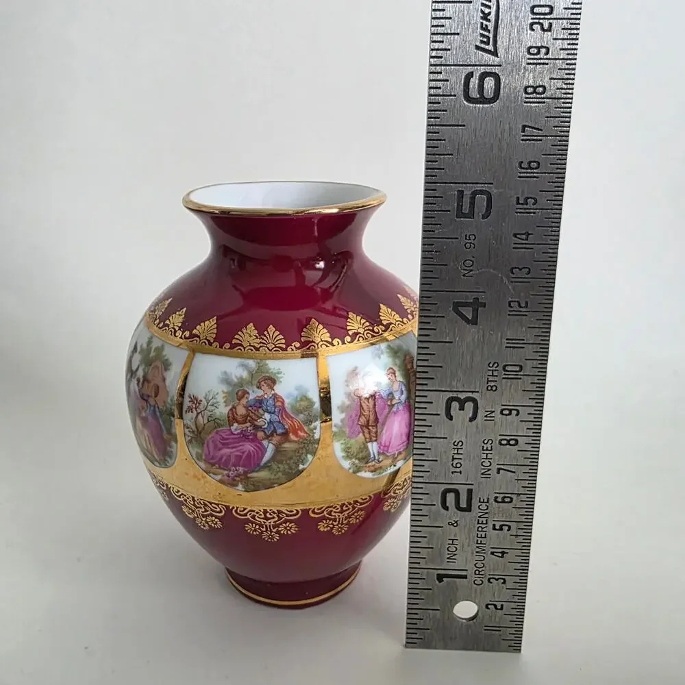 J.K.W Bavaria Western Germany Porcelain Vase Burgundy Gold Floral 5